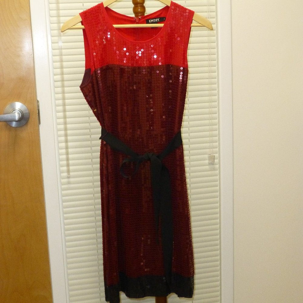 DKNY Red Silk Cocktail Sequin Dress Size 2